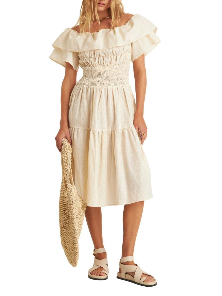 Helena Shoulder Frill Dress Creme