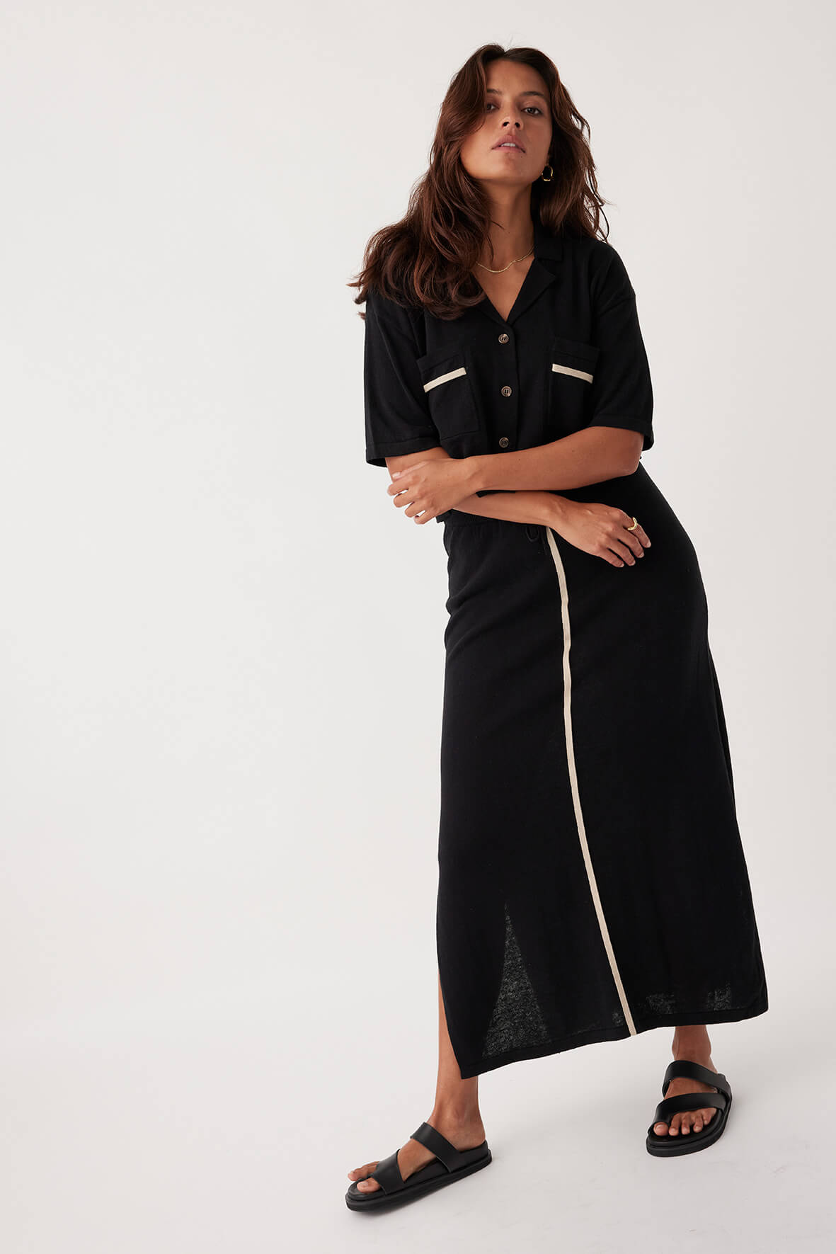 Quinn Organic Cotton-Linen Skirt - Black & Taupe