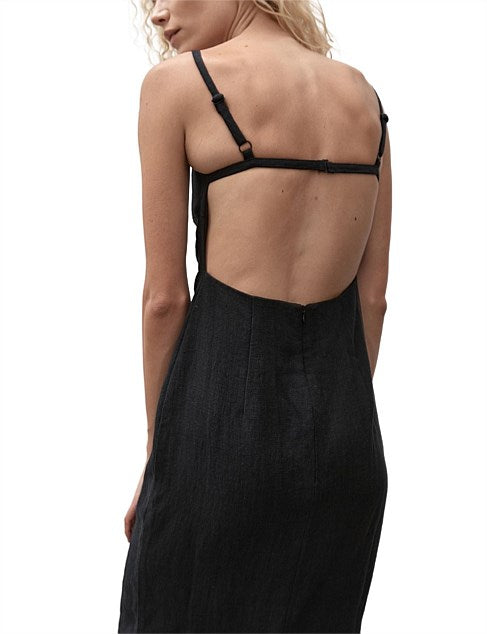 Linen Open Back Dress - Black