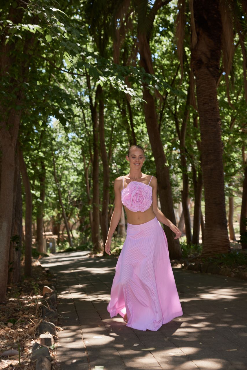 The Eliza Flower Top In Fuchsia Stripe