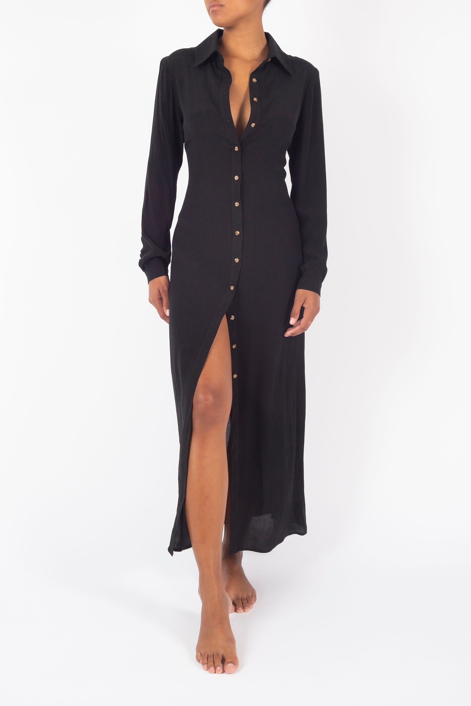 Collared Button-Down Maxi Shirt Dress in Textured Cupro Blend