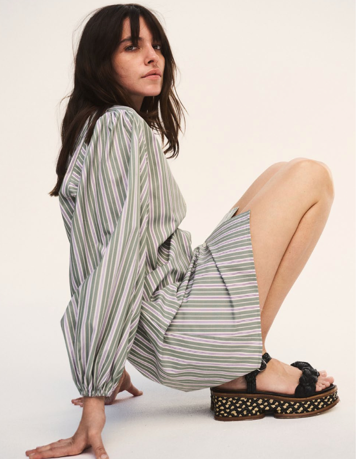 Full Sleeve Shirt Dress Mini Green/stripe