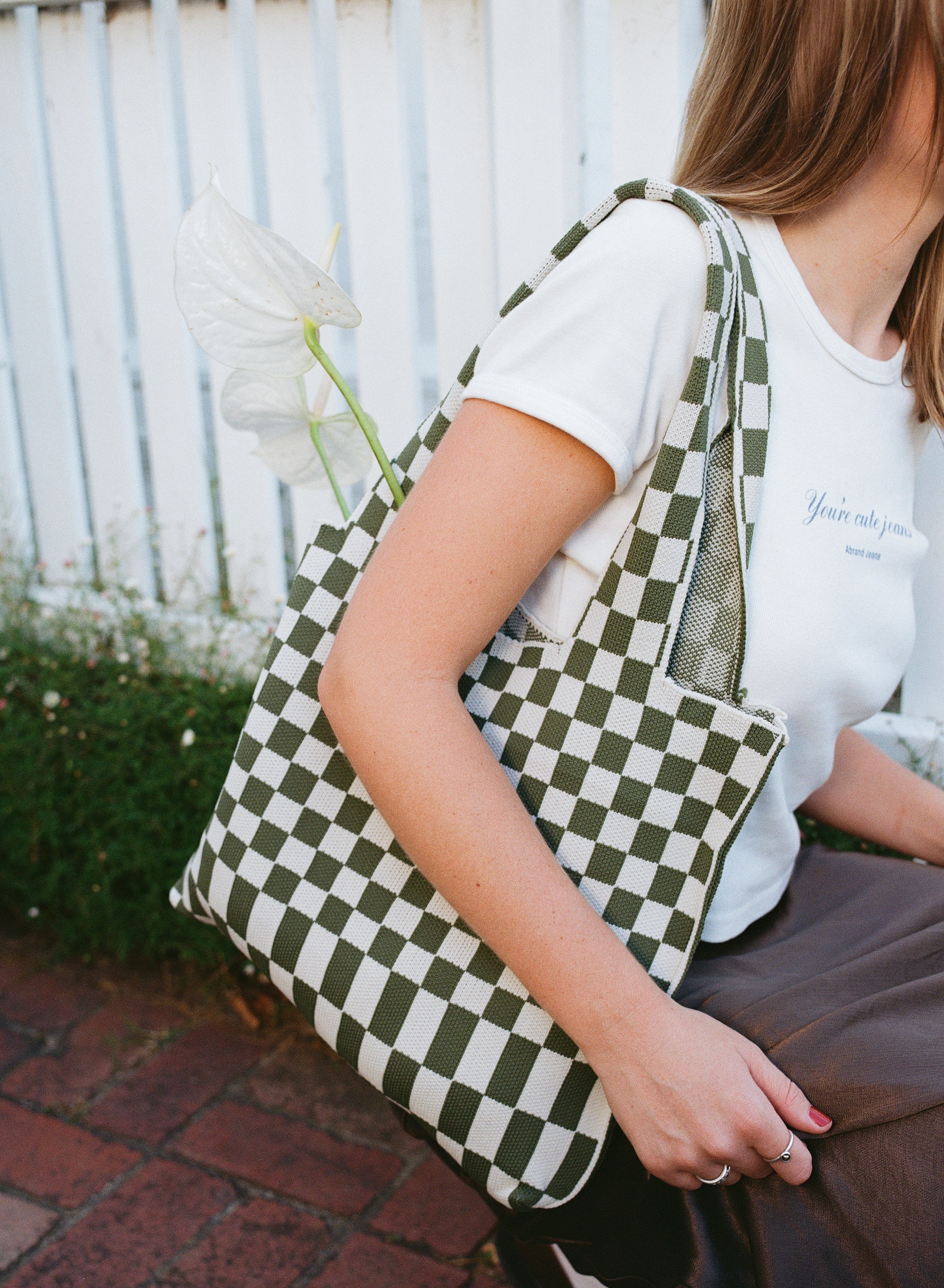 Liburan Large Checkered Tote Bag – Moss/Cream