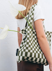 Liburan Large Checkered Tote Bag – Moss/Cream