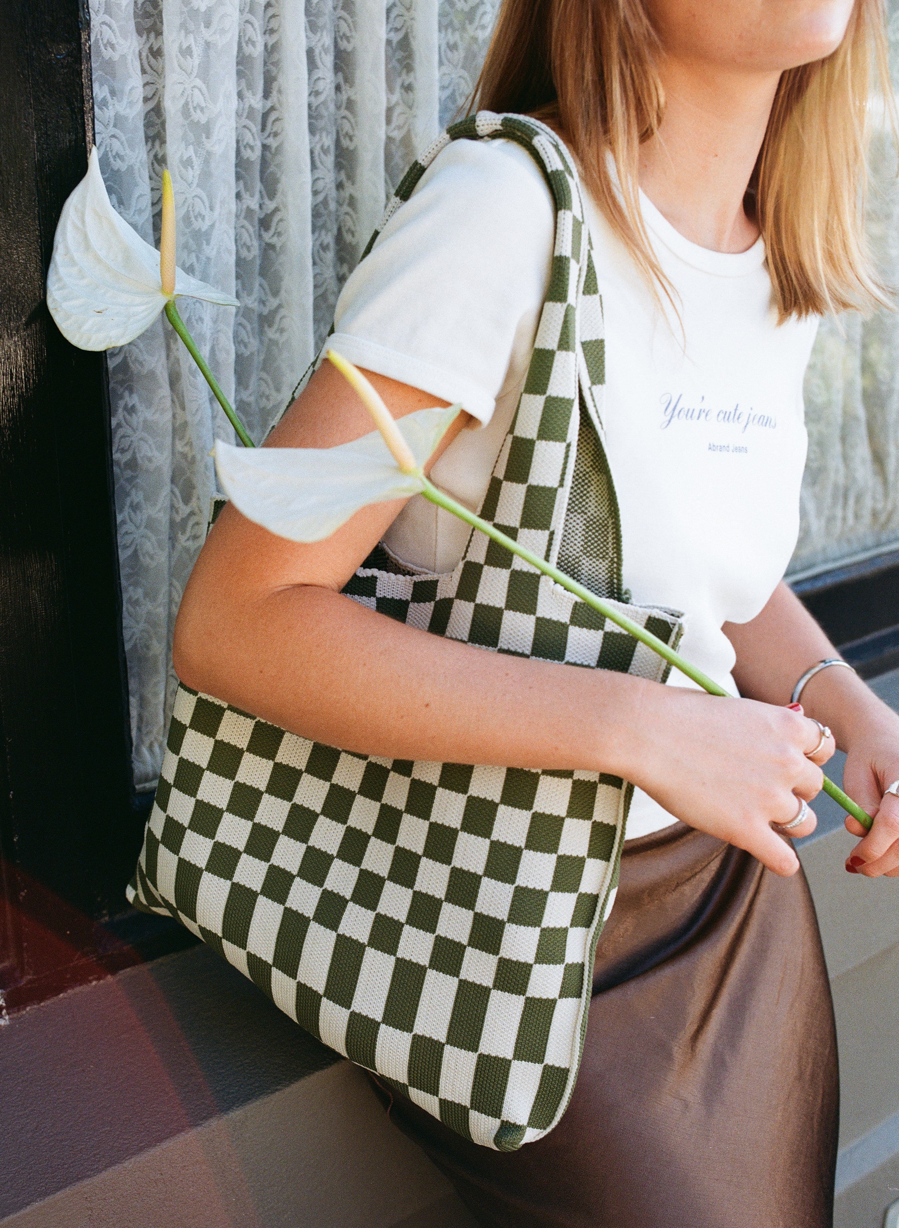 Liburan Large Checkered Tote Bag – Moss/Cream