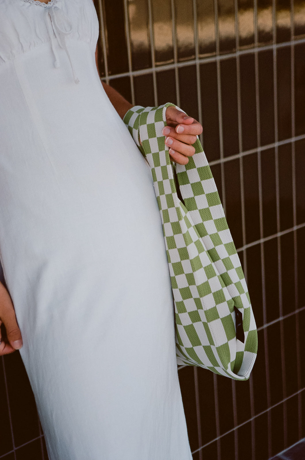 Liburan XS Checkered Tote Bag Matcha/Cream