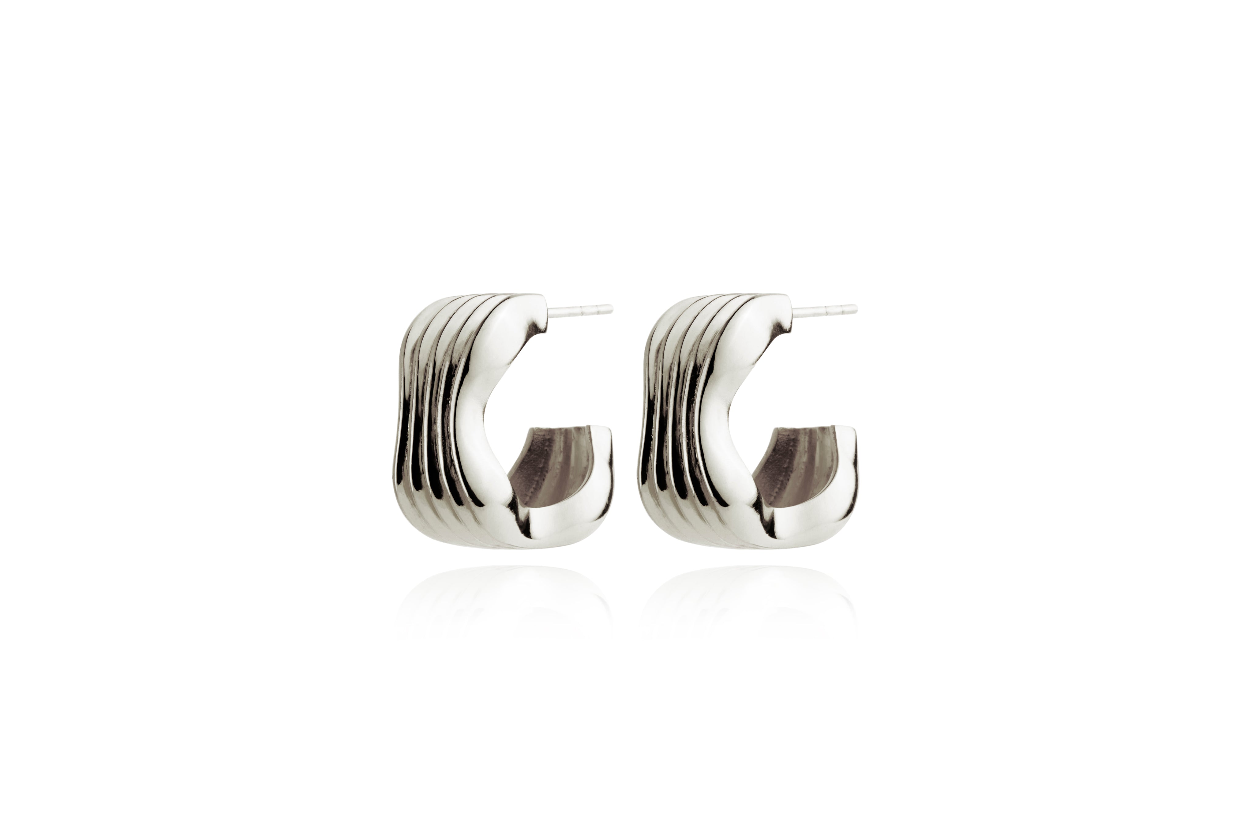 Curved Ribbed Hoop Earrings Silver