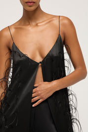 Maxi Camisole Dress with Ostrich Trim - Black