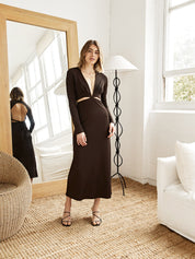 Open Tie Back Long Sleeve Dress Chocolate