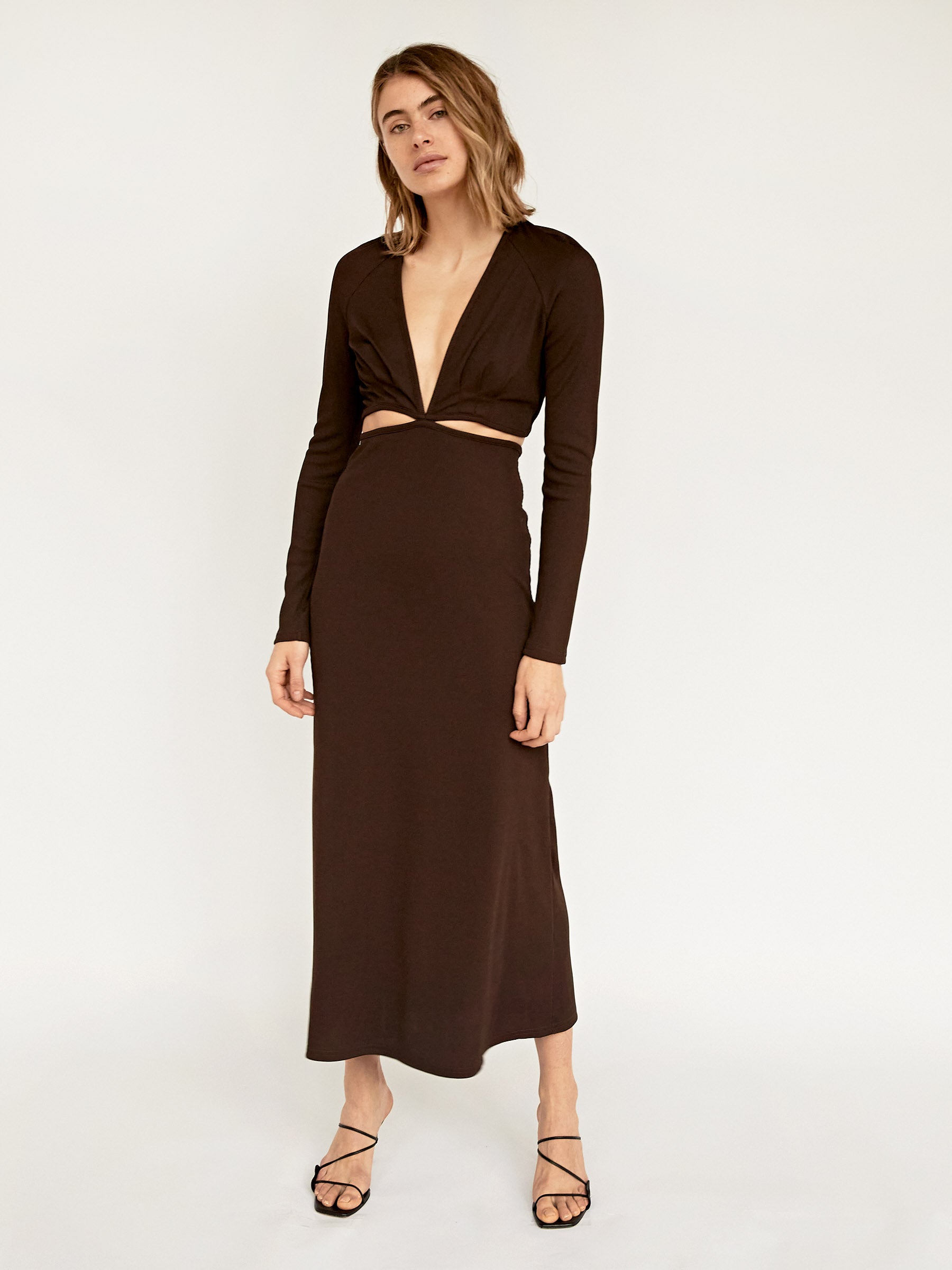 Open Tie Back Long Sleeve Dress Chocolate