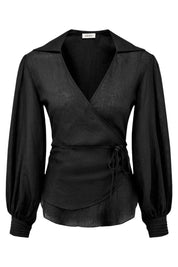 arkitaip Blouses S / Black The Pia Linen Wrap Shirt in Black - Archive