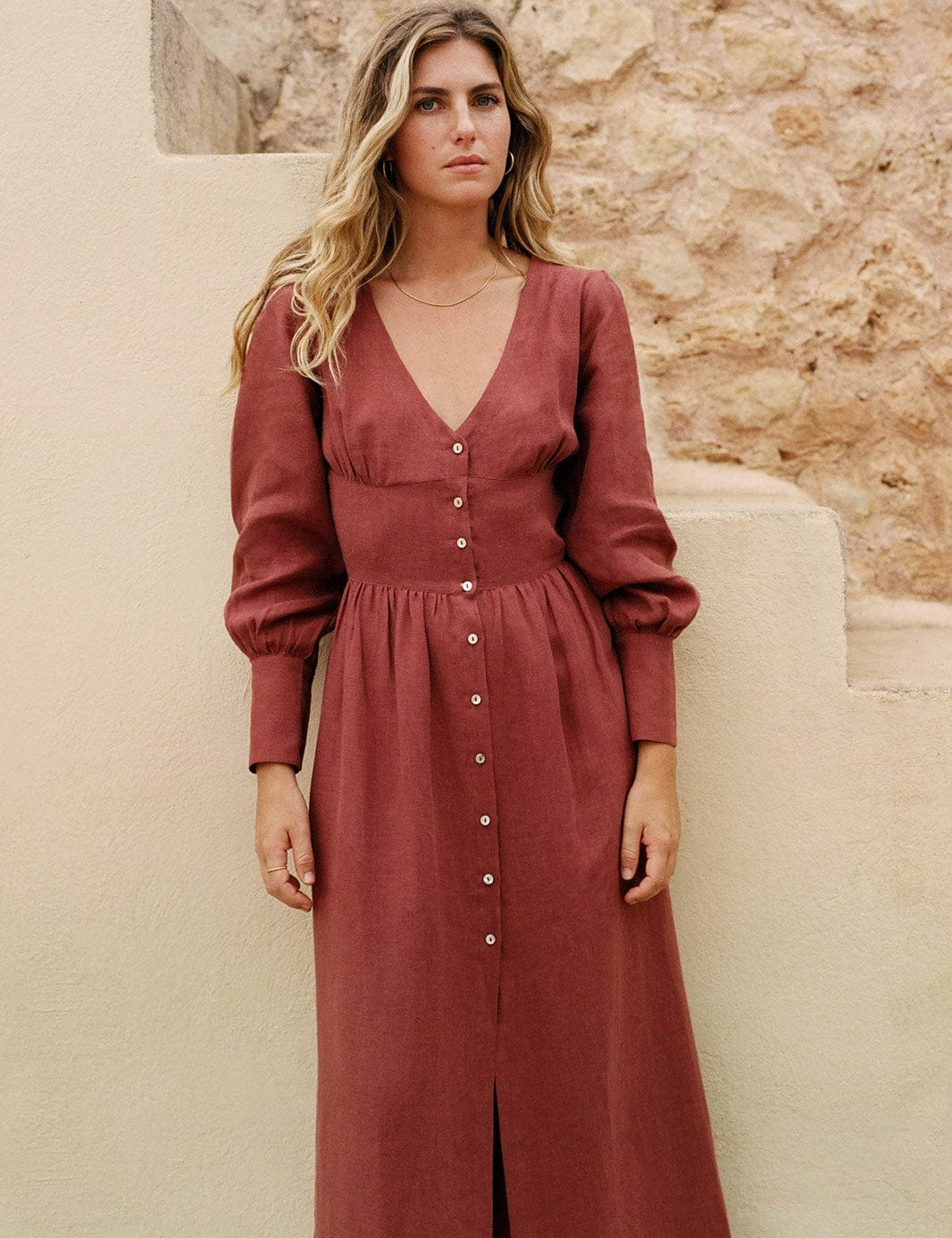 arkitaip Maxi Dresses The Gertrude Linen Maxi Dress in terracotta