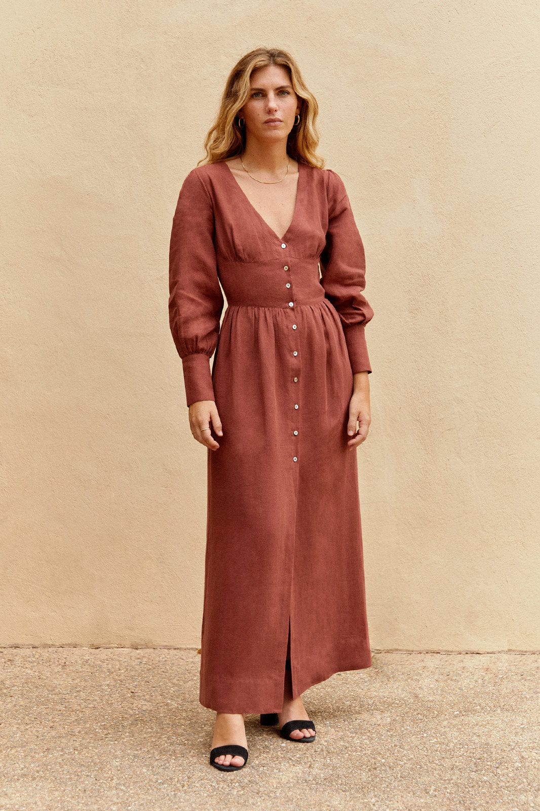 arkitaip Maxi Dresses The Gertrude Linen Maxi Dress in terracotta