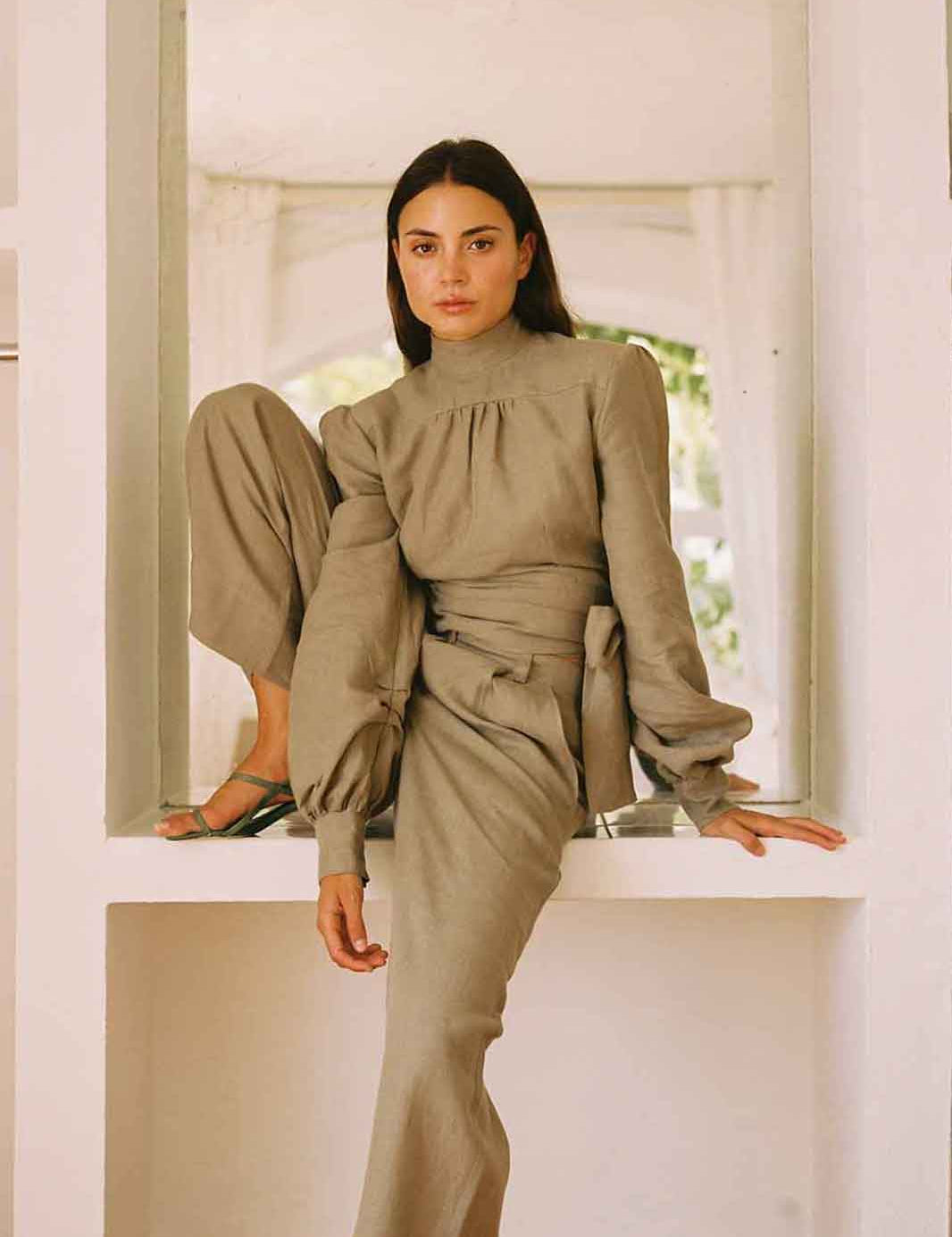 arkitaip Tops The Gabri Linen Wrap Top in taupe - Sample