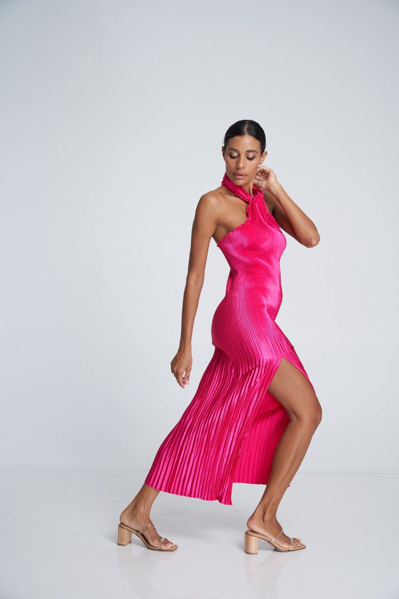 Soiree Pleated Halter Gown Punch