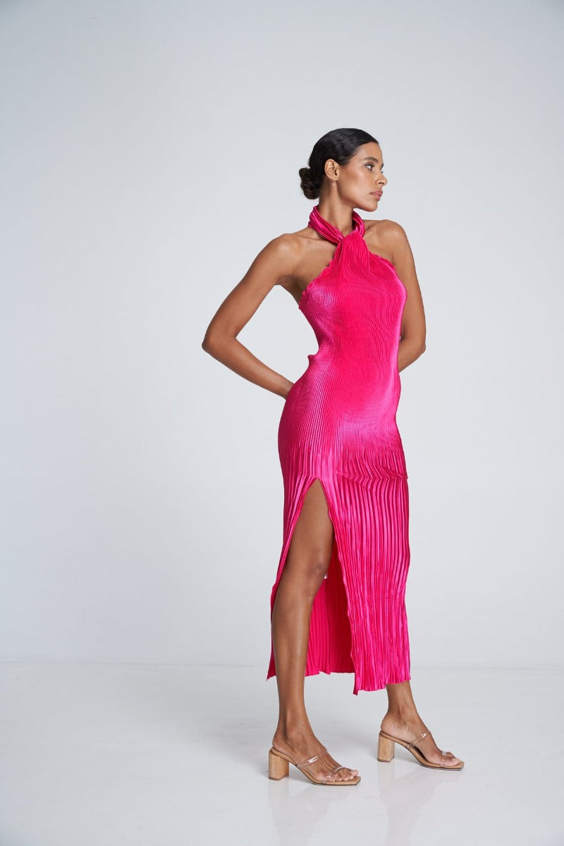 Soiree Pleated Halter Gown Punch