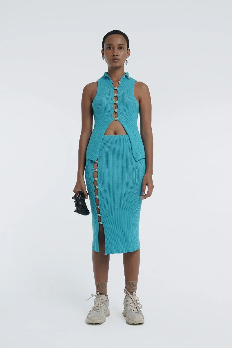 Button-Up Kick Skirt in Aqua