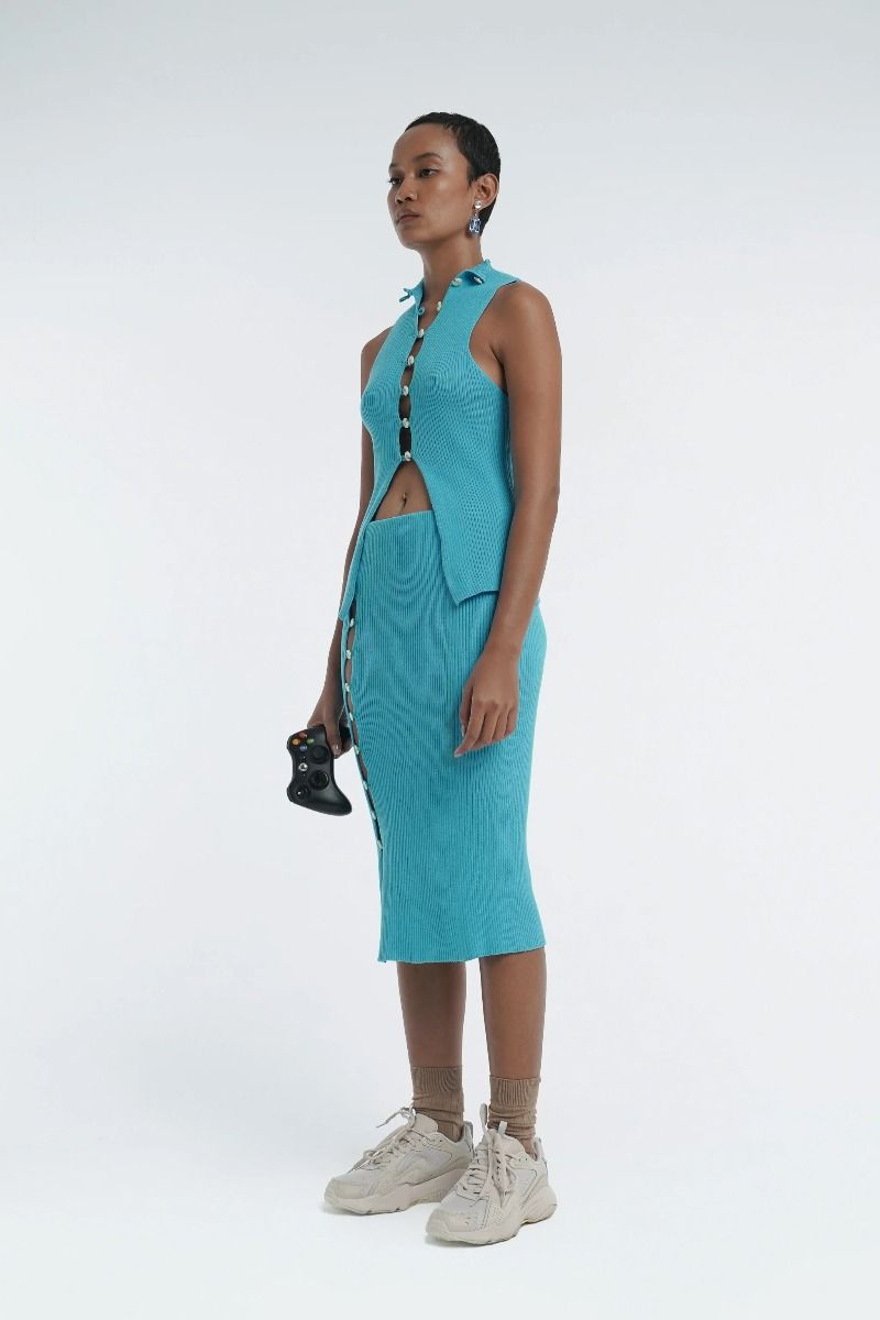 Button-Up Kick Skirt in Aqua