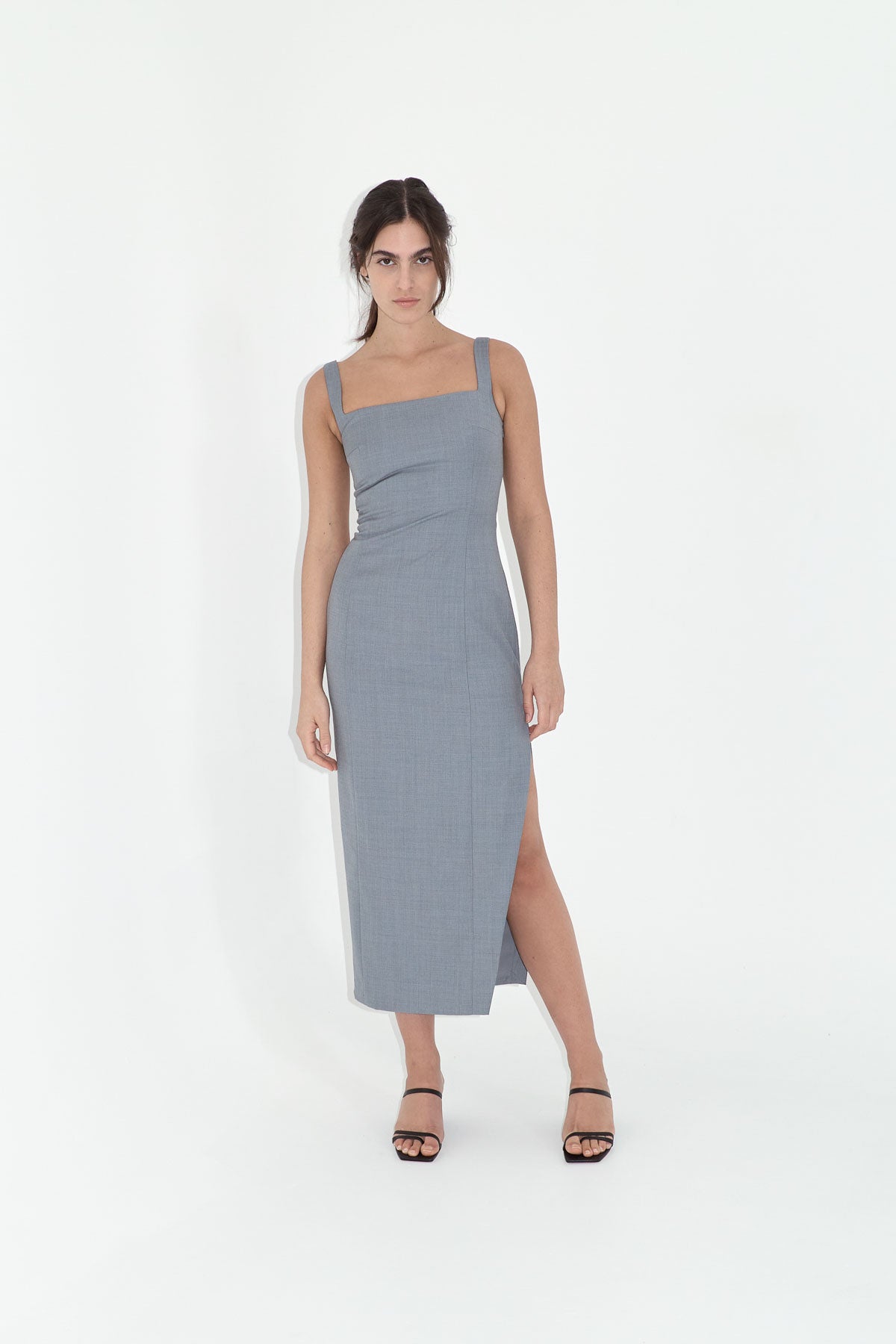 Curve Seam Wool Midi Dress - Grey