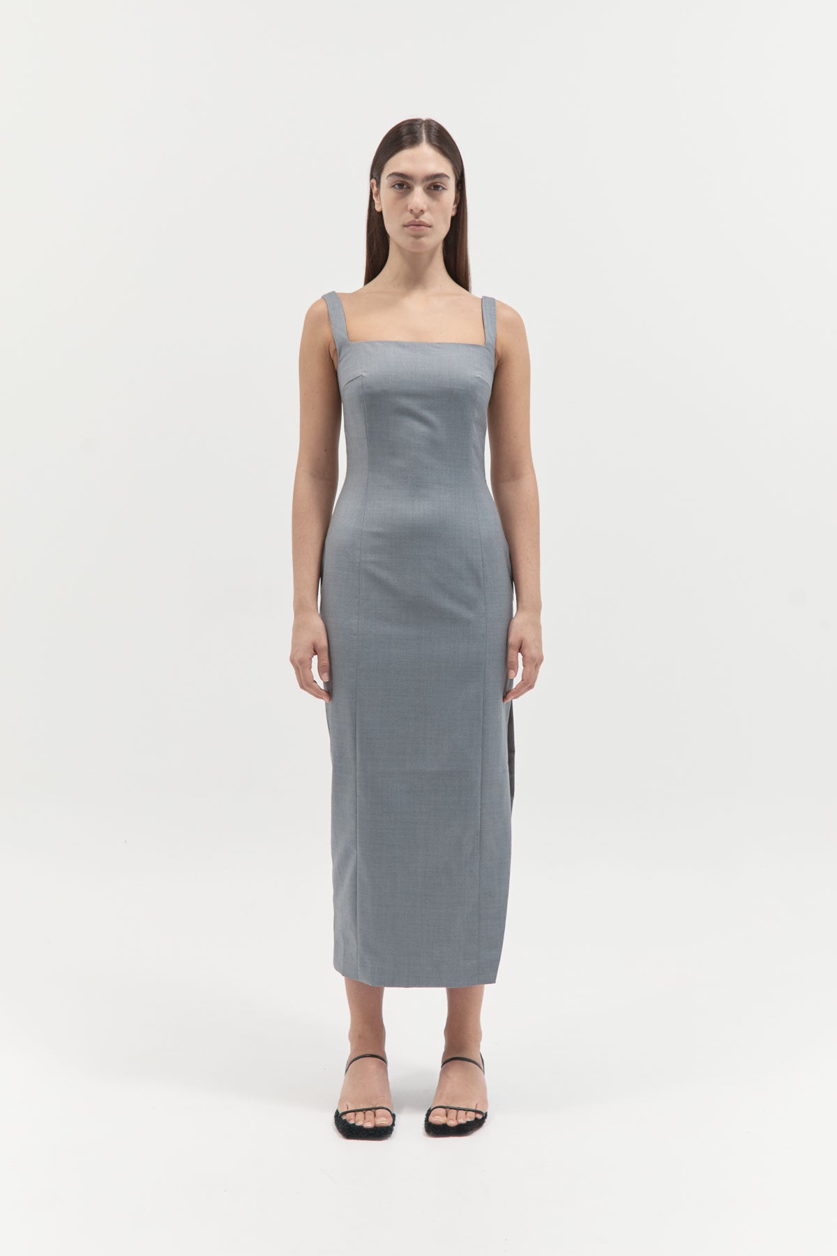 Curve Seam Wool Midi Dress - Grey