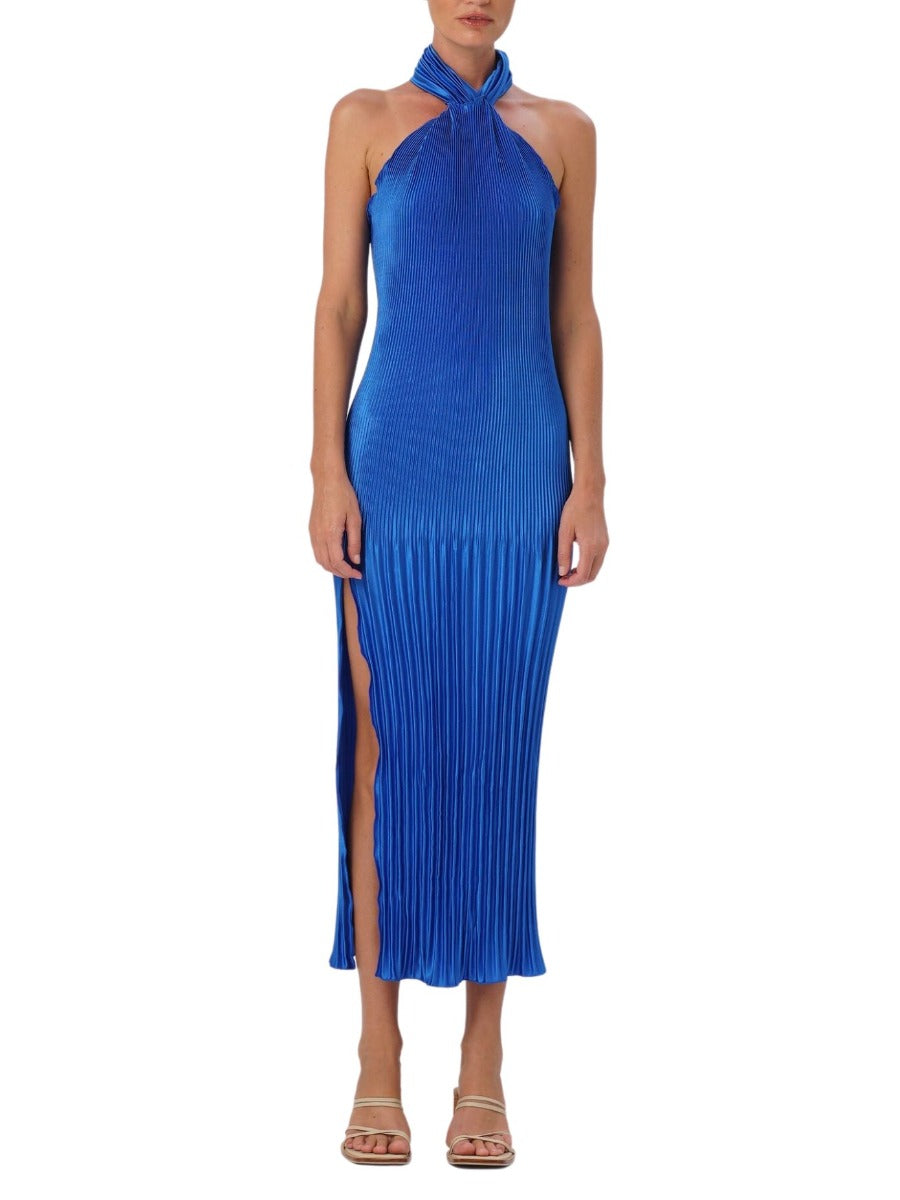 Soiree Pleated Halter Gown Moroccan Blue