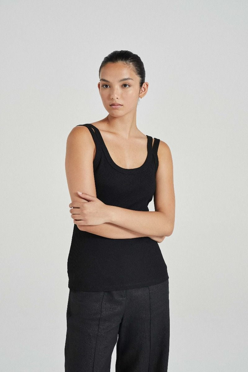 The Double Strap Tank Black Cotton