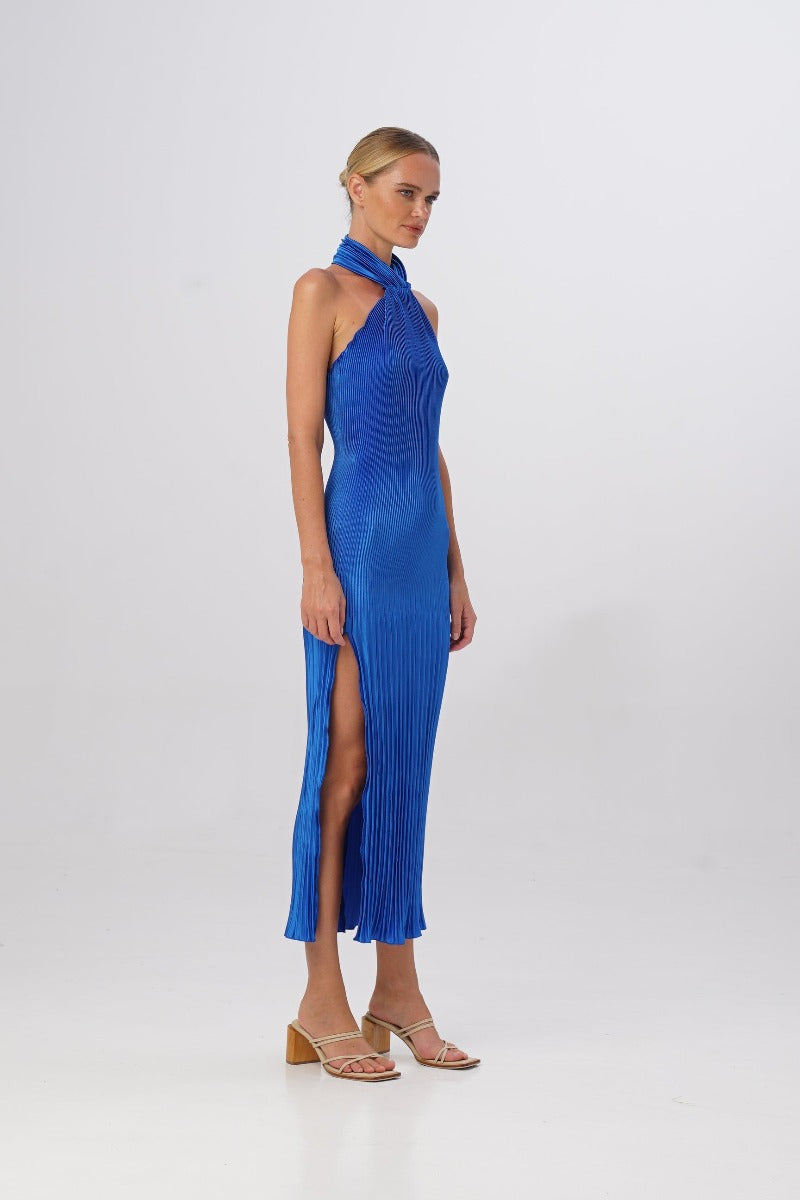 Soiree Pleated Halter Gown Moroccan Blue