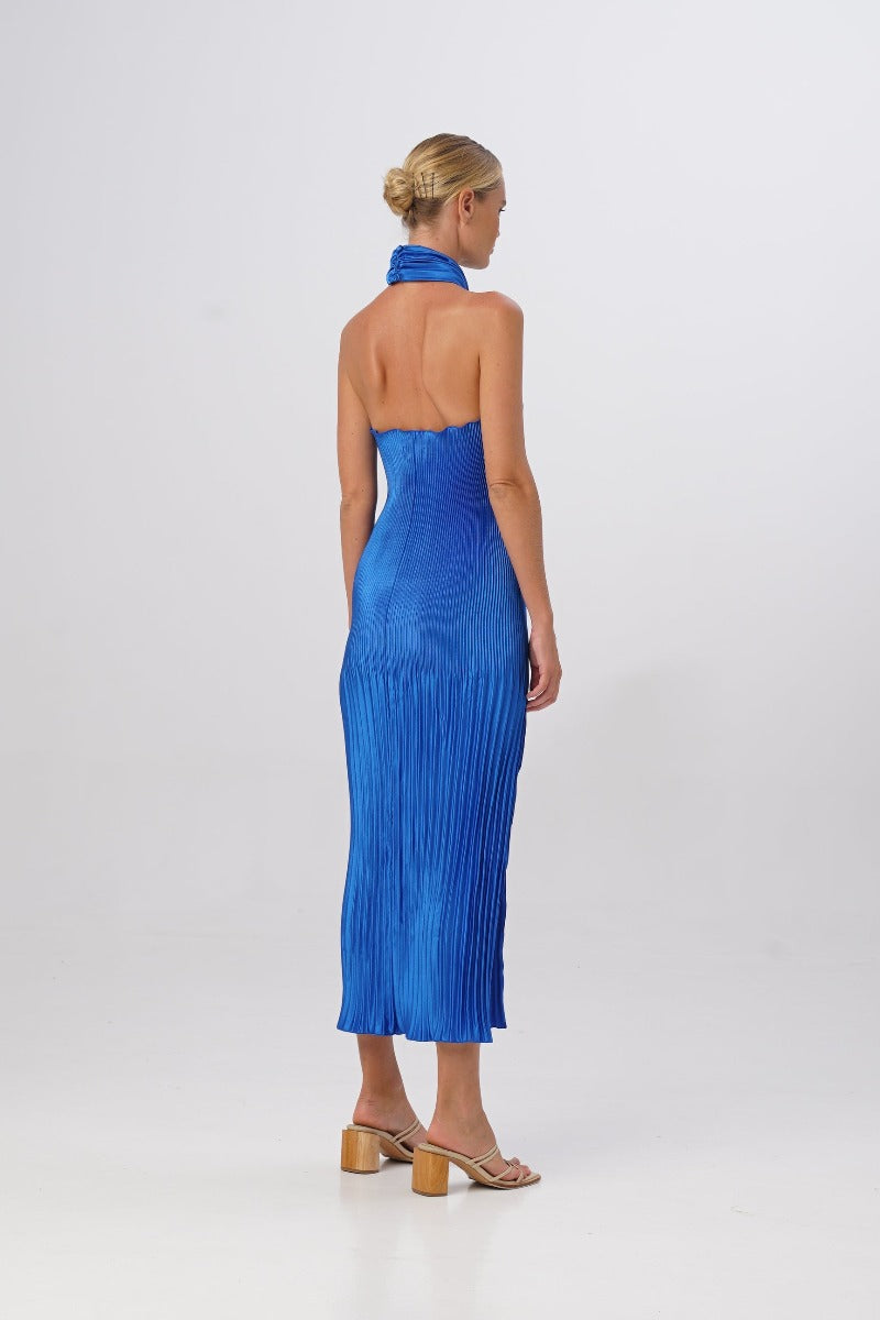 Soiree Pleated Halter Gown Moroccan Blue