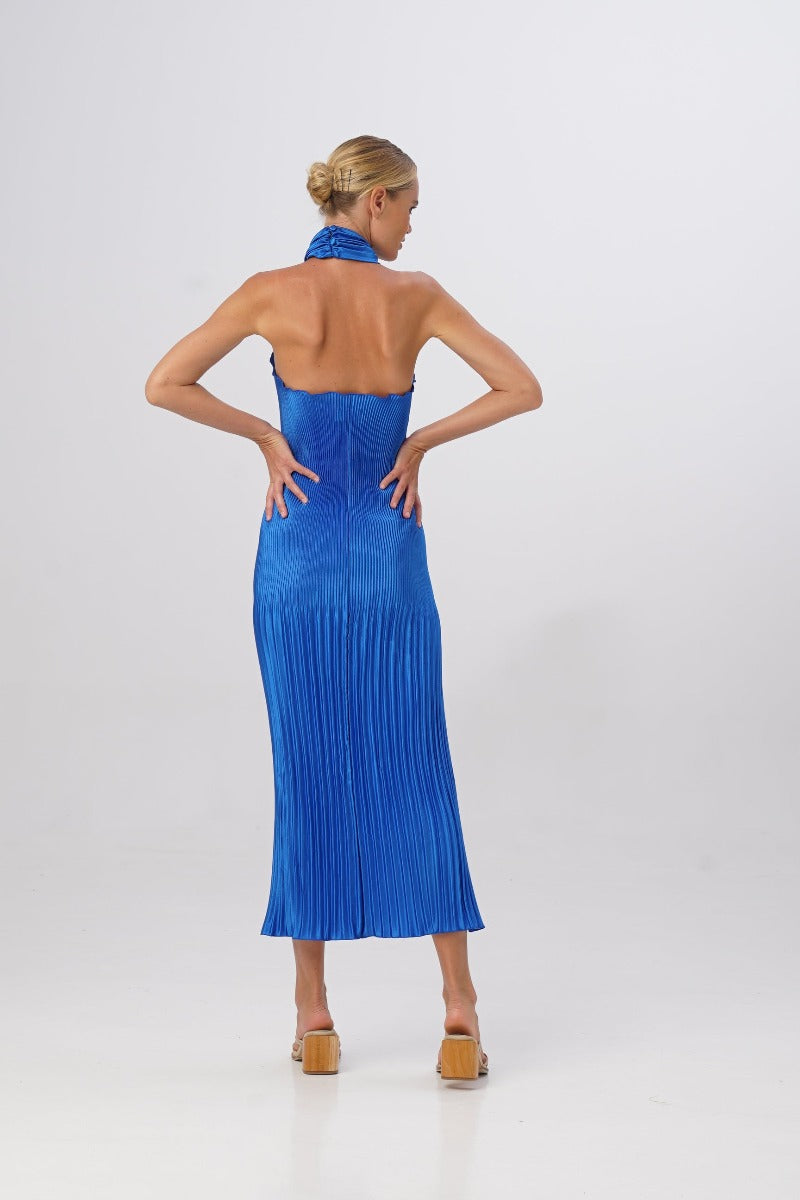 Soiree Pleated Halter Gown Moroccan Blue