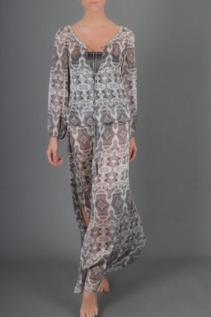 Romantic Long Caftan Silver Ikat