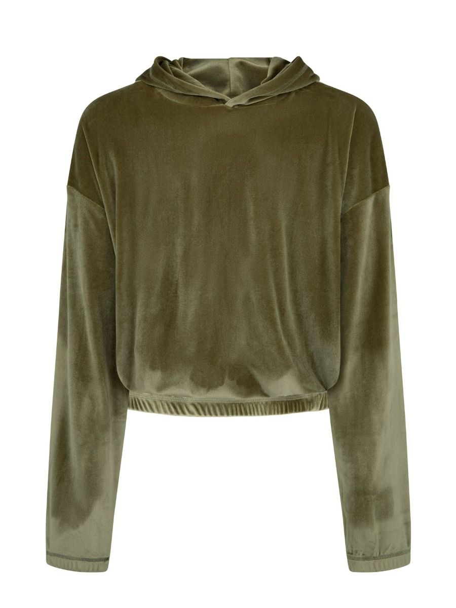 Velour Crop Hoodie Khaki