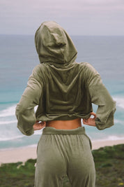 Velour Crop Hoodie Khaki