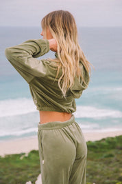 Velour Crop Hoodie Khaki