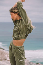 Velour Crop Hoodie Khaki