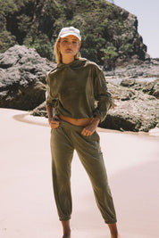 Velour Crop Hoodie Khaki