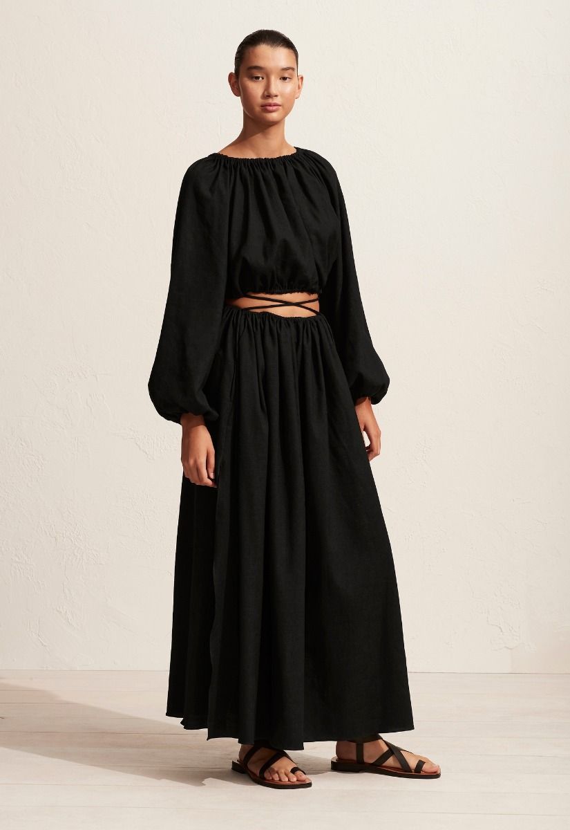 Linen Drawcord Split Skirt Black