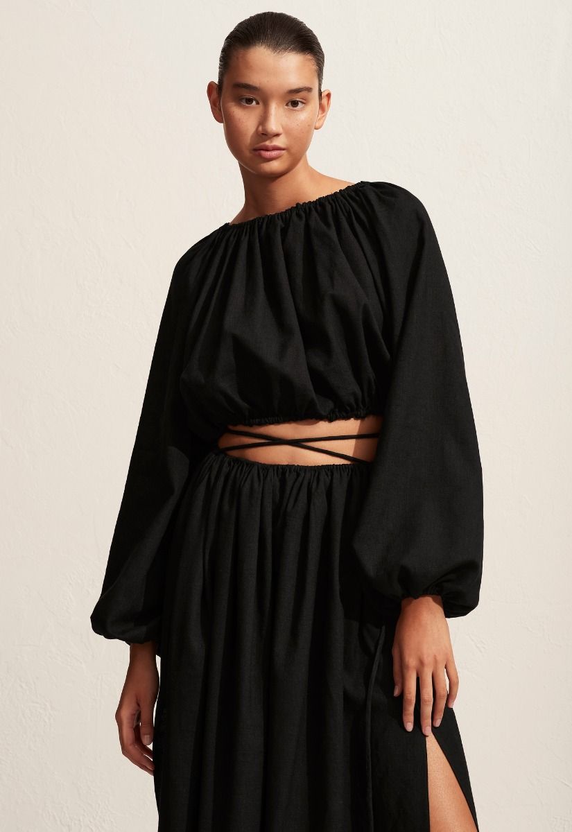 Linen Drawcord Split Skirt Black