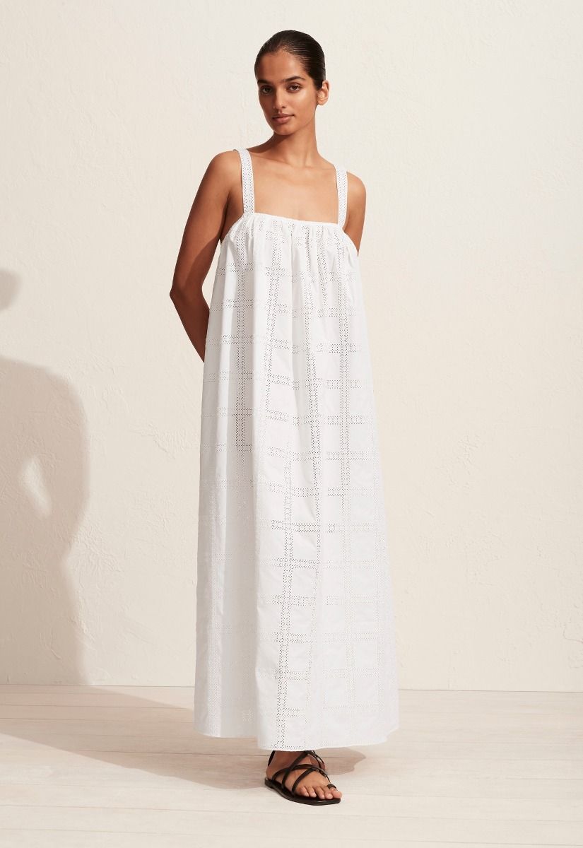 Broderie Voluminous Midi Dress White