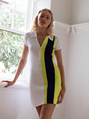 Zip Polo Dress - White with Lime and Navy