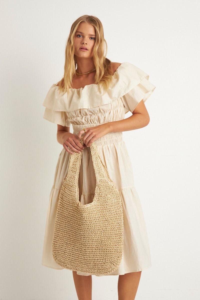 Helena Shoulder Frill Dress Creme